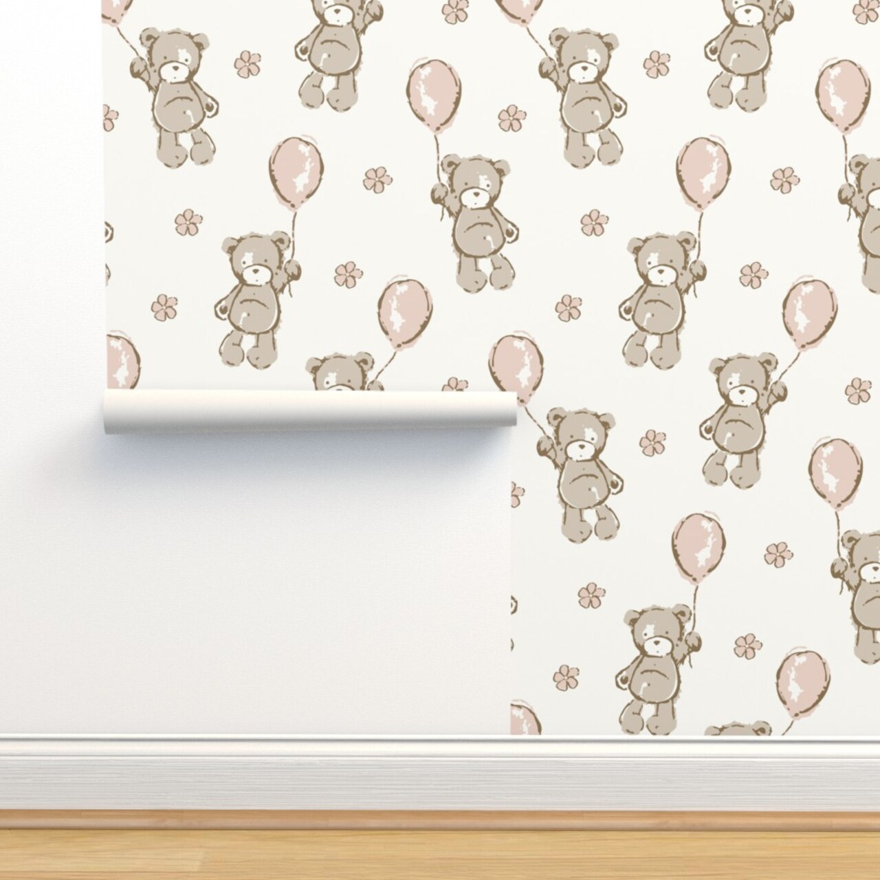 Teddy Bear Pink Balloons Shower Small Scale Custom Removable Wallpaper by Spoonflower Peel & Stick Wallpaper 2FT Wide